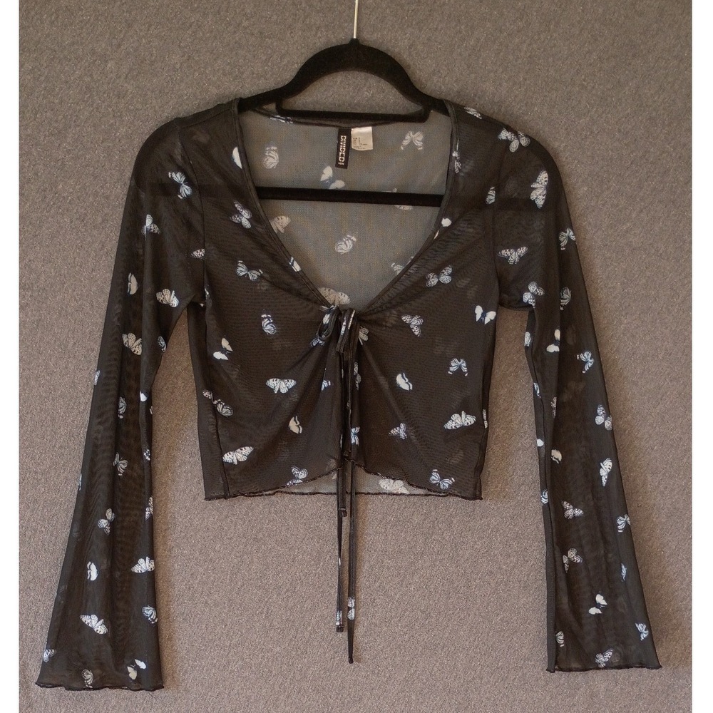 Black Butterfly Mesh Sheer Tie Front Crop Top Long Bell Sleeve S Fairy Y2K 90s